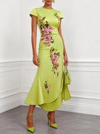 Green Satin Floral Embroidery Cap Sleeve Slit Sheath Maxi Dress