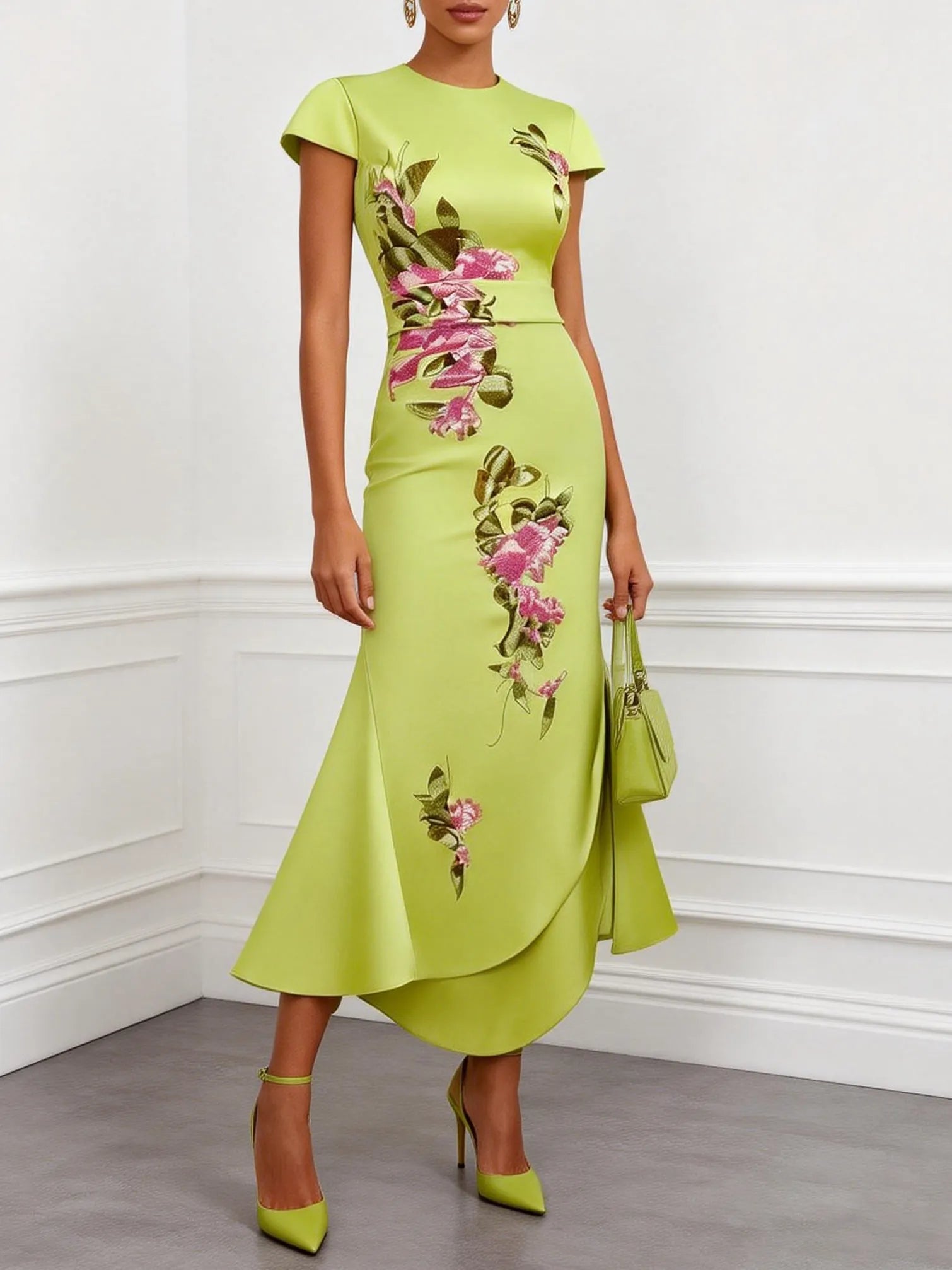 Green Satin Floral Embroidery Cap Sleeve Slit Sheath Maxi Dress