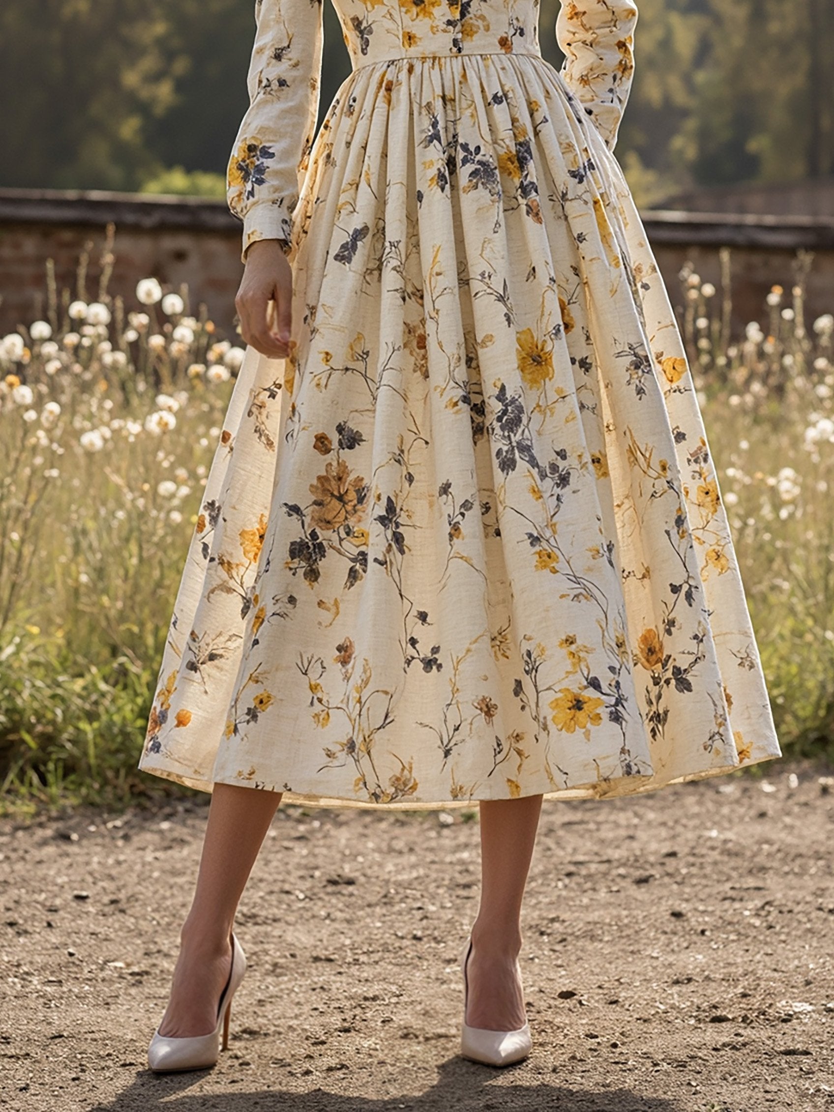 Midi Linen Dress, Long Sleeves, V Neck, Floral, Button Design, Vintage, Apricot