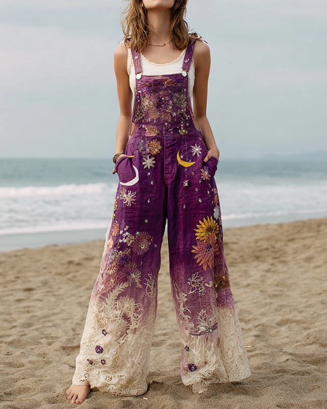Summer Vacation Lace Floral Star and Moon Embroidery Overall Jeans 6069