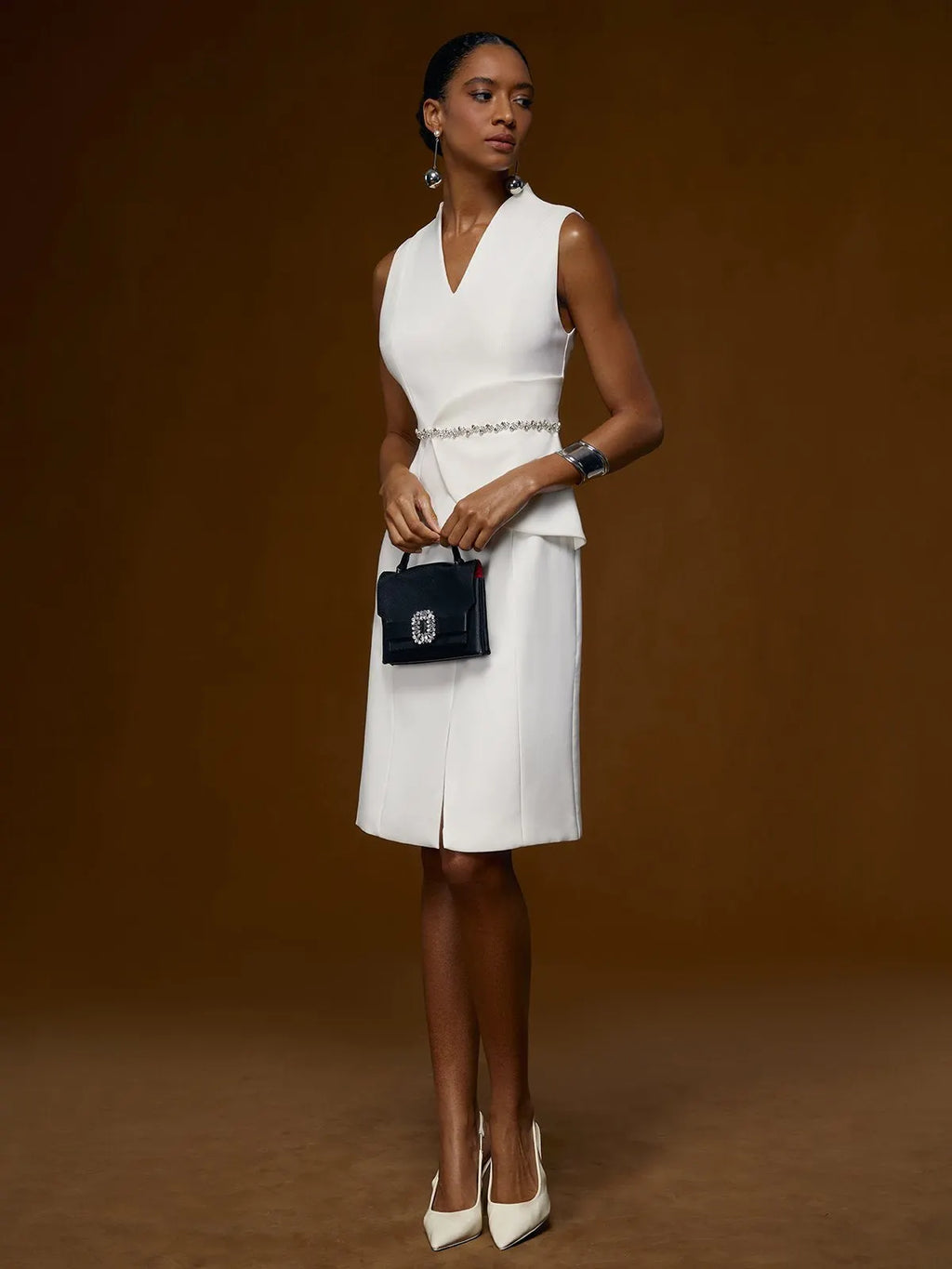 White V Neck Sleeveless Rhinestone Slit A-Line Midi Dress