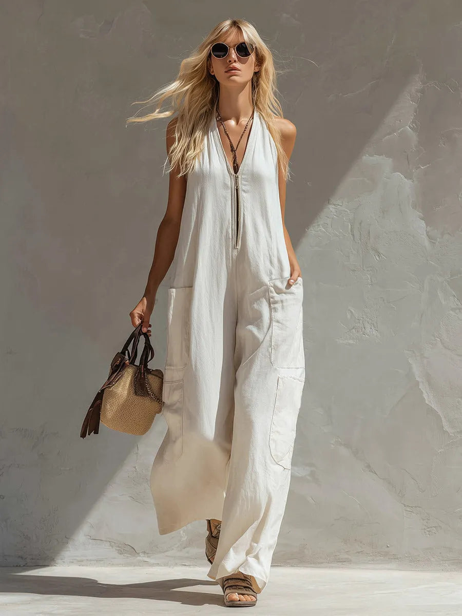 Casual & Simple Off-White Cotton-Linen Sleeveless Multi-Pocket Jumpsuit