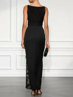 Black Lace Embroidery Sheer Mesh V Neck Sleeveless Wrap Sheath Maxi Dress