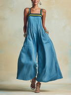 Airy Wide-Leg Tencel Jumpsuit – Bold Color-Block Trim