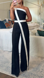 Color Block Strapless Flare Leg Jumpsuit