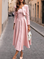 Midi Cotton Set, Long Sleeves, Round Neck, Plain, Vintage, Light Pink