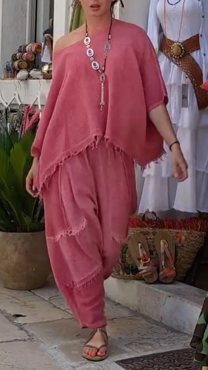 Mauve Frayed Linen Two Piece Set