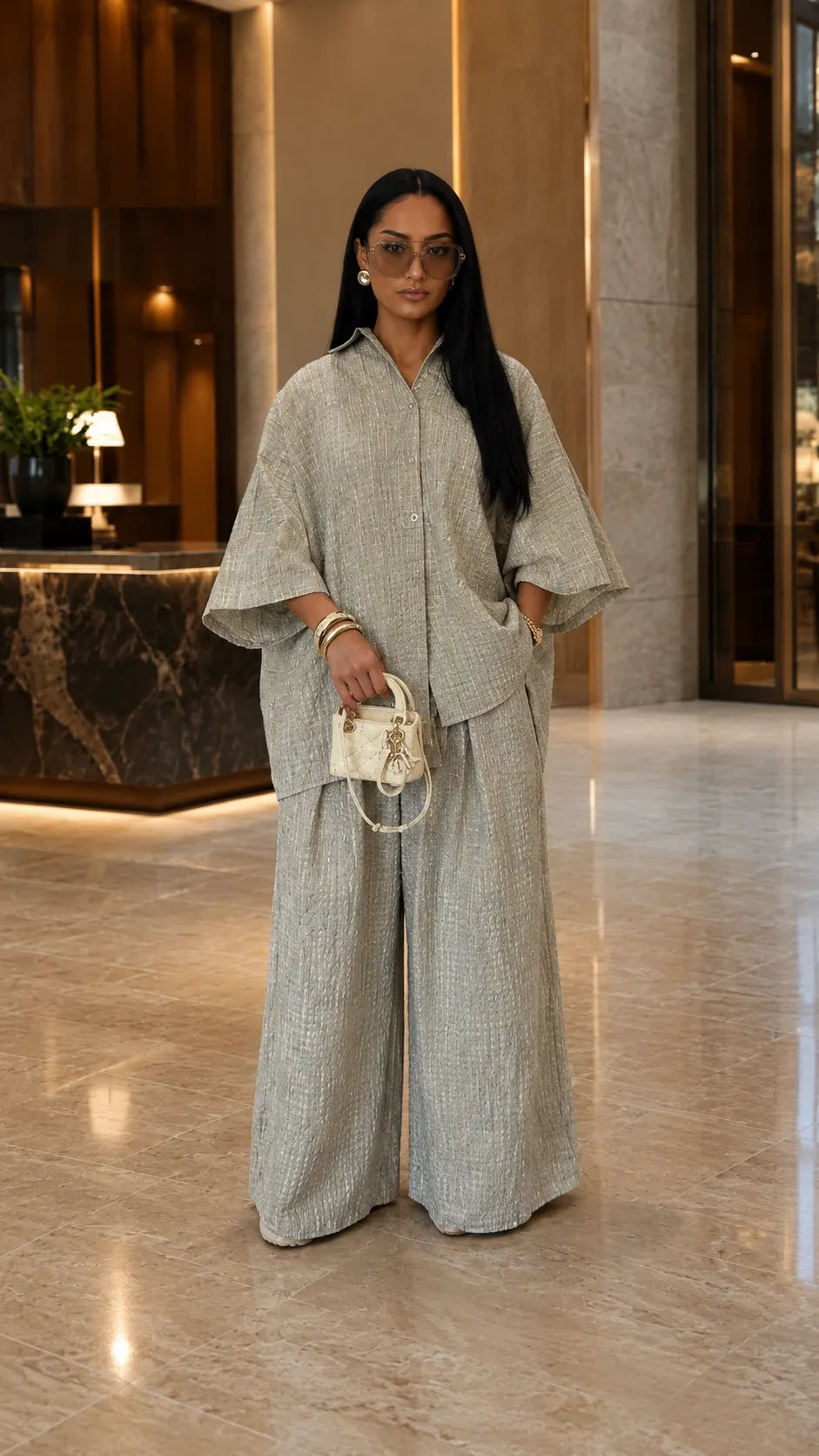Crinkled Textured Oversized Shirt & Wide-Leg Pants Two-Piece
