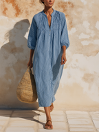 Blue & White Striped Linen Blend Midi Dress