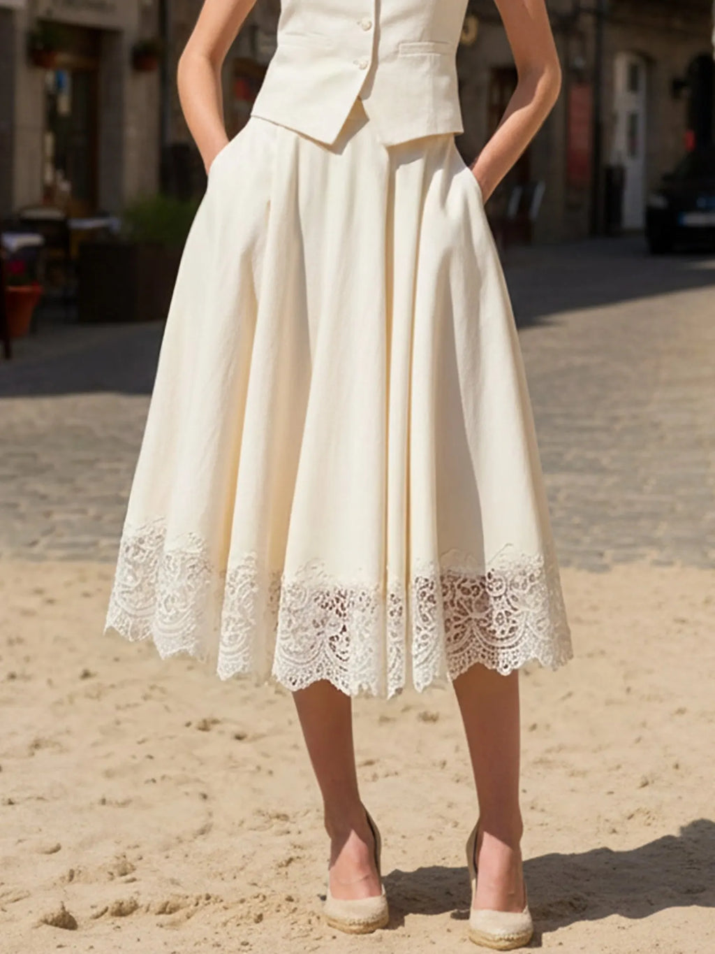 Midi Linen Skirt, Plain, Lace, Vacation, Vintage, White