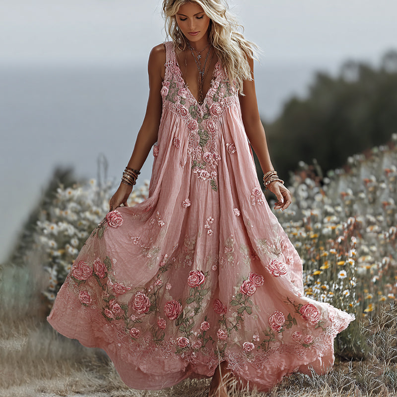 Women's Vintage Rose Embroidered Art Linen Maxi Dress