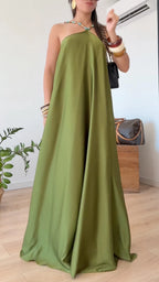 Halter Satin Flowy Maxi Dress