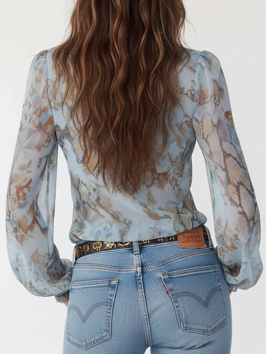 Ruffled Zip-Front Chiffon Blouse In Serene Blue Print