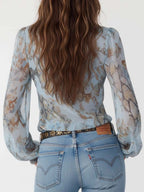 Ruffled Zip-Front Chiffon Blouse In Serene Blue Print