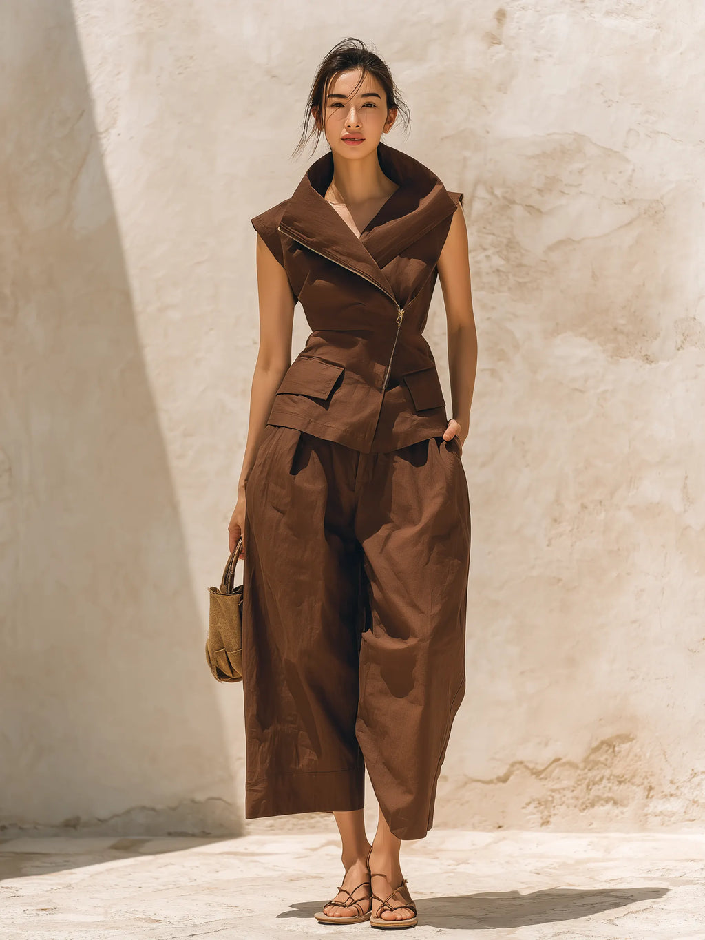 Chocolate Brown Cotton-Linen Blend Asymmetric Zip Vest & Barrel Pants Two-Piece Set