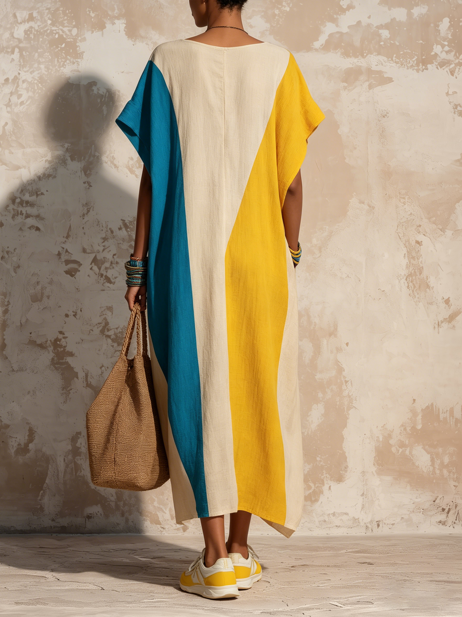 Color-Block Caftan Maxi Dress With Split Hem & Side Pockets