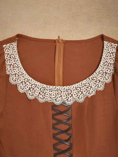 Maxi Cotton Dress, Long Sleeves, Square Neck,  Princess Line, Linen Blend, Orange