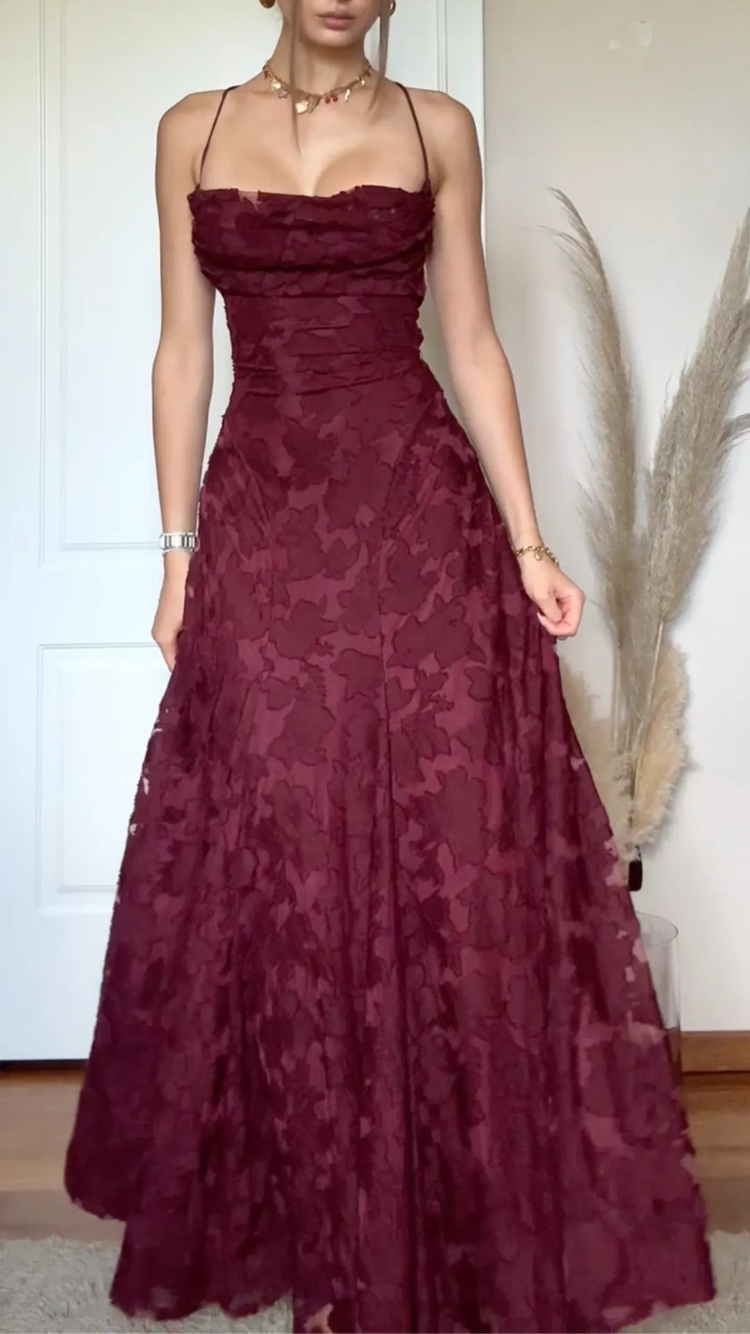 Floral Burnout Lace Spaghetti Strap Maxi Dress