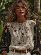 Women's Bohemian Style Color-blocked Top With Star And Moon Embroidery