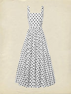 Maxi Cotton Dress , Sleeveless, Square Neck, Polka Dots, Suspenders, Vintage, White