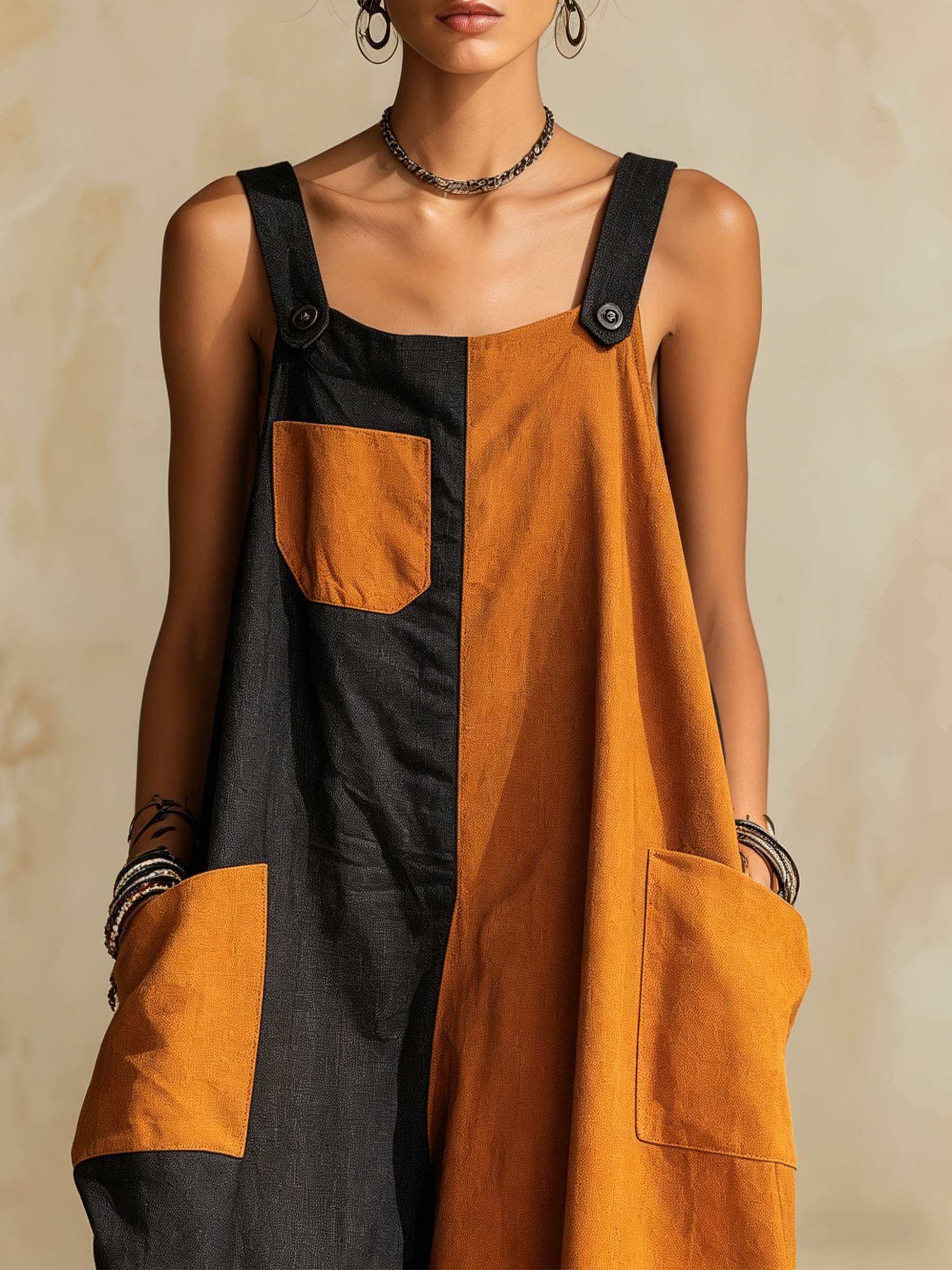 Two-Tone Patchwork Linen-Blend Overalls