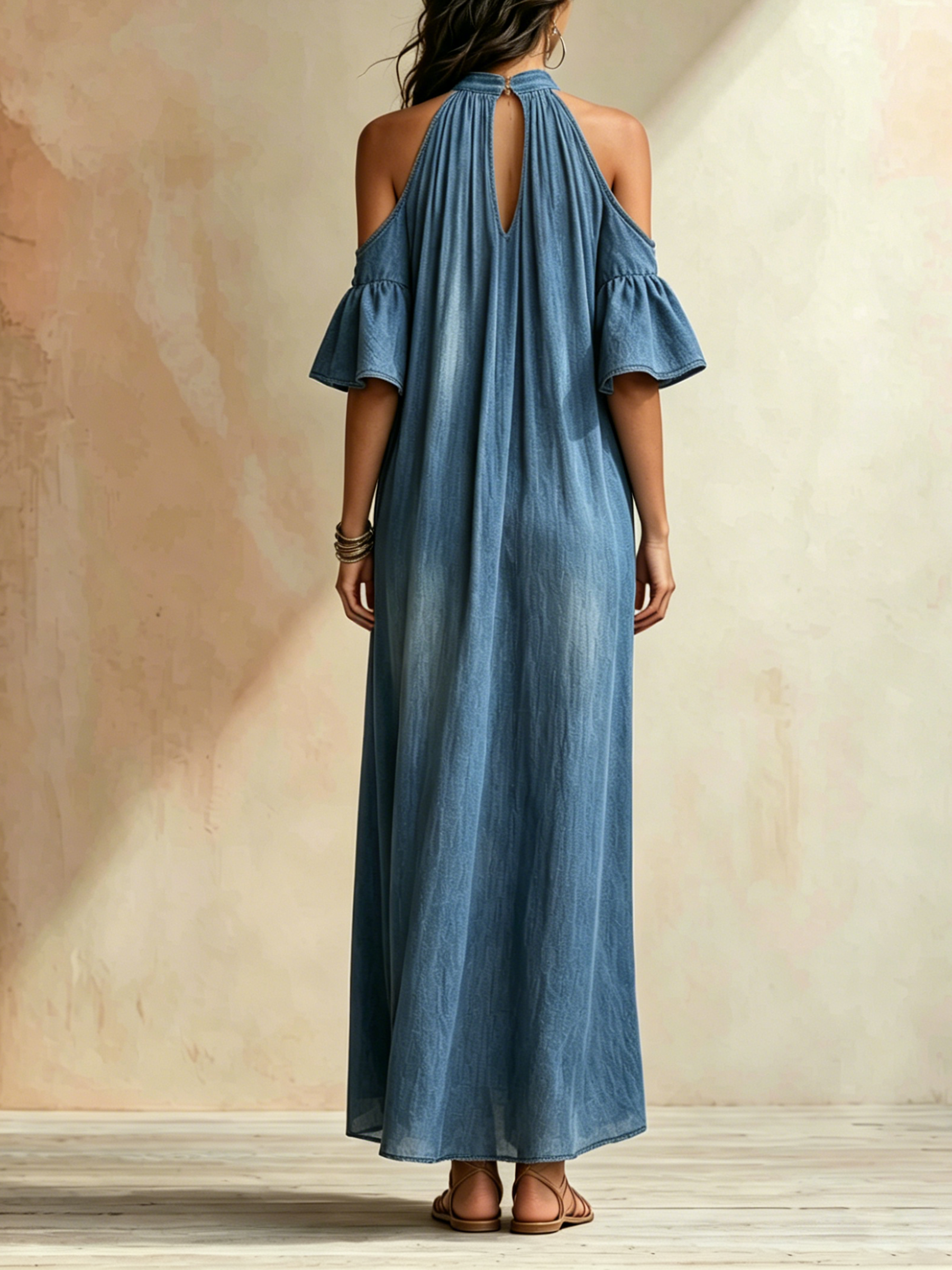 Tencel Denim Halter Neck Cold-Shoulder Maxi Dress