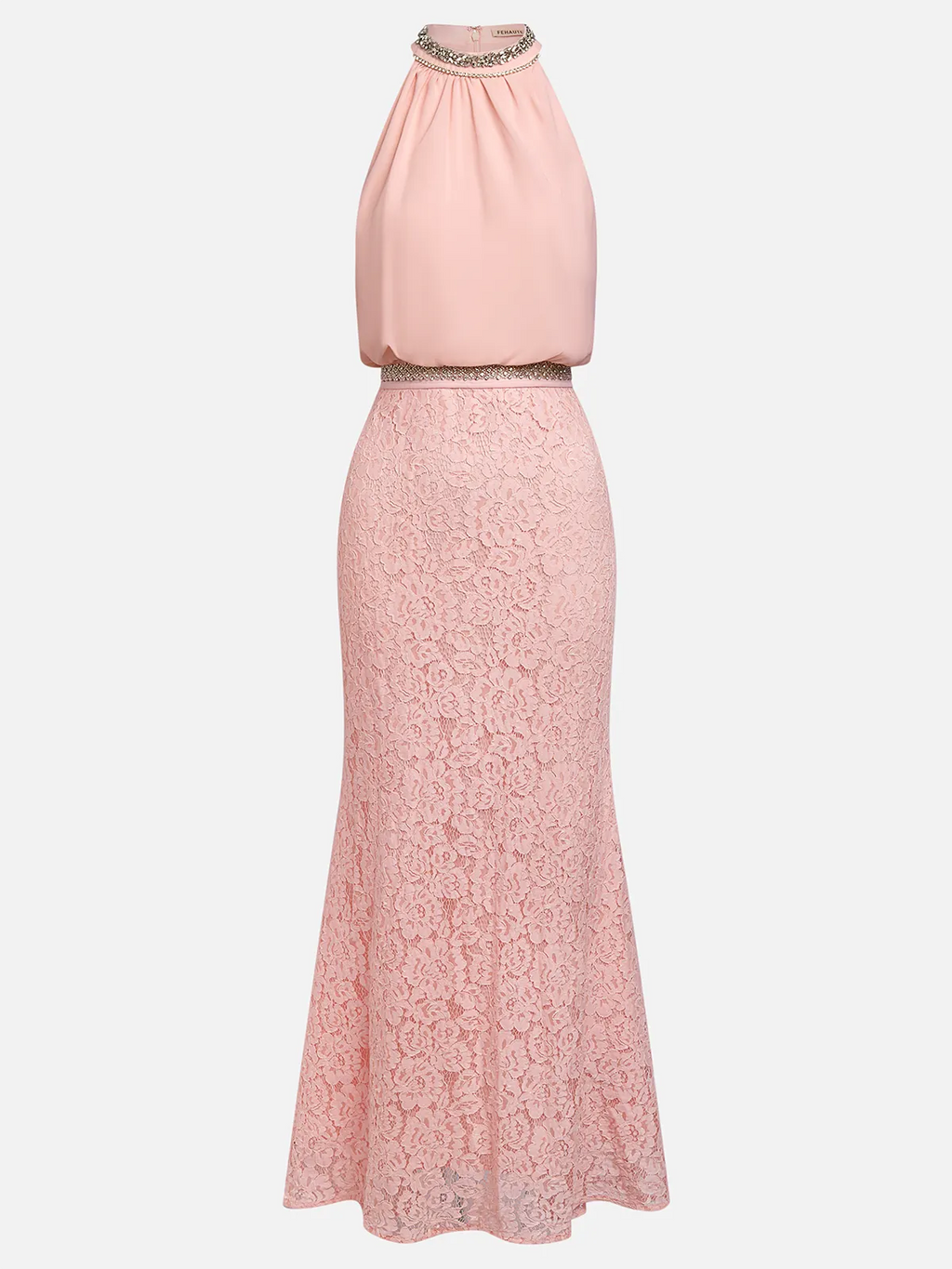 Pink Rhinestone Ruched Lace Halter Crew Neck Sleeveless Mermaid Floor-length Gown Dress