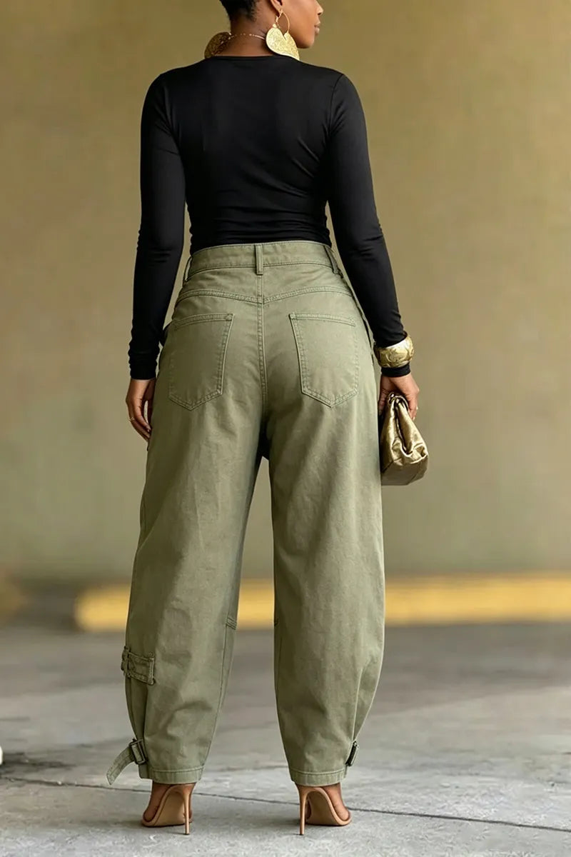 Olive Green Multi-Pocket Cargo Barrel Pants