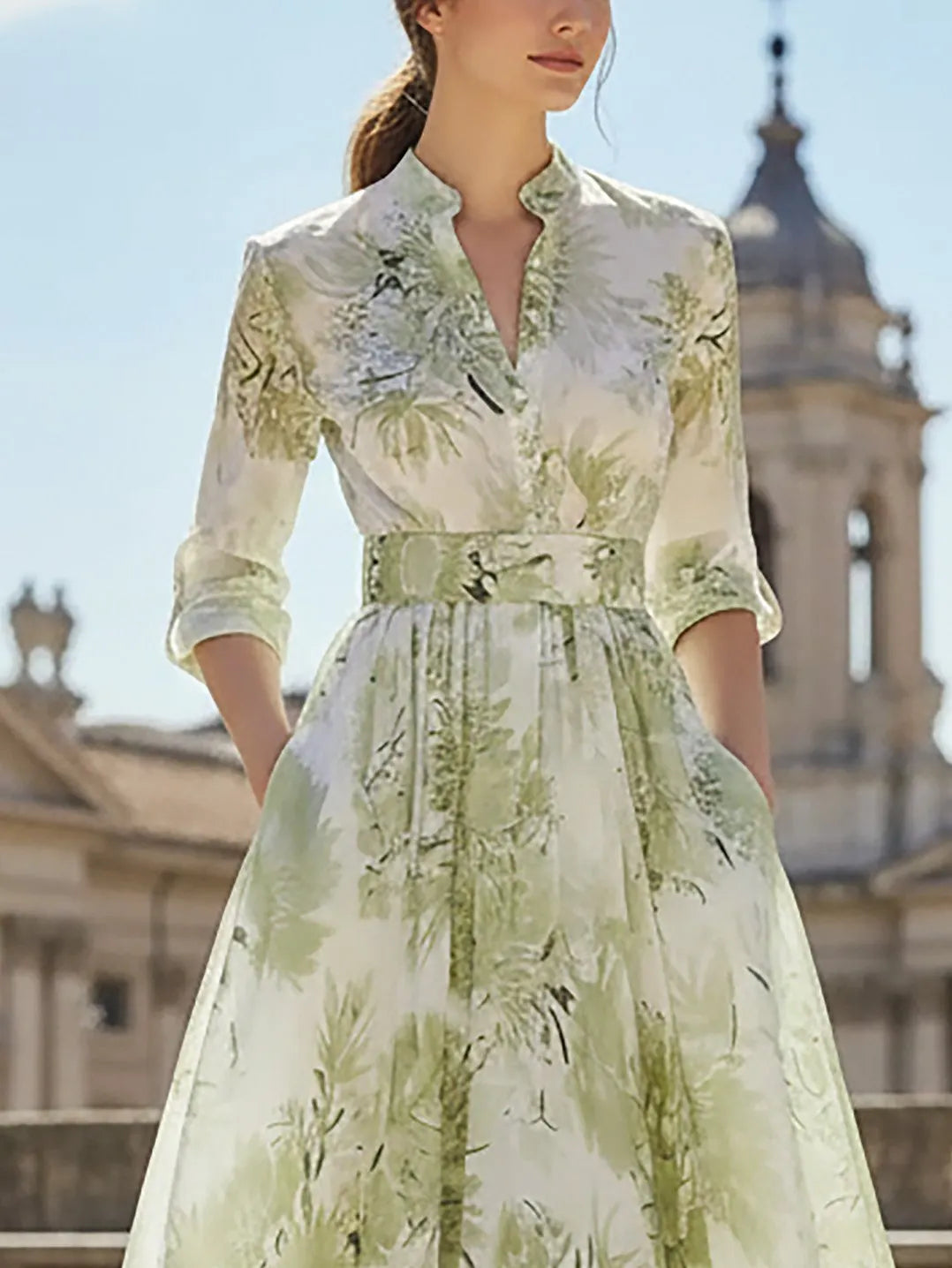 Maxi Linen Dress, Half Sleeve, Stand Collar, Floral, Vacation, Vintage, Lightgreen