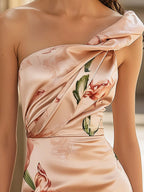 Pink Satin Floral Print Knot One-Shoulder Dress