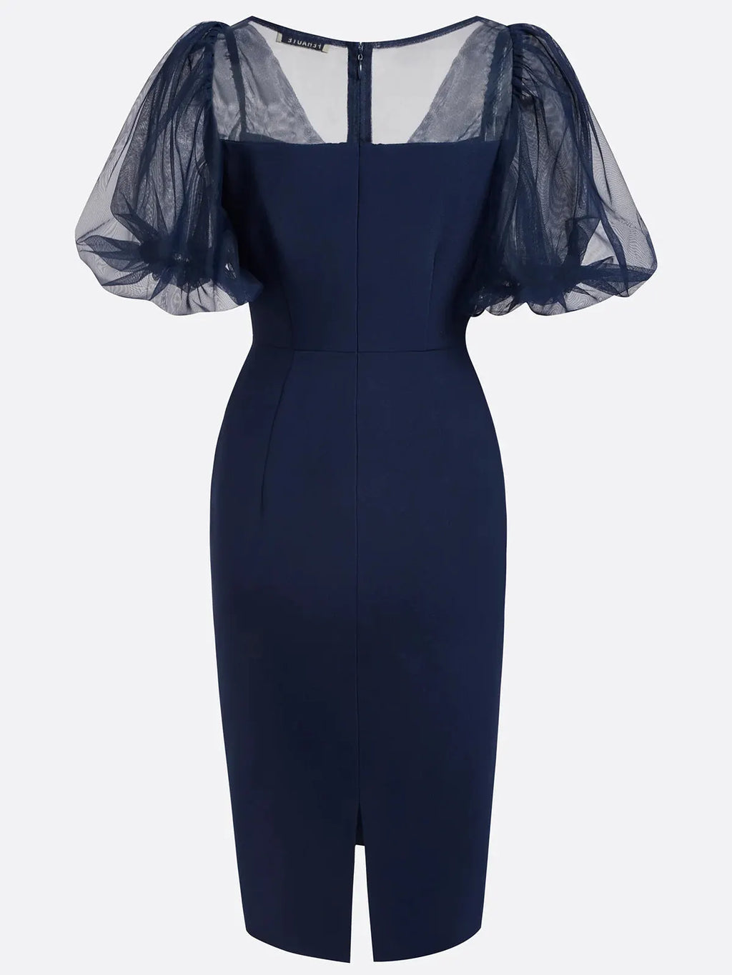 Purplish Blue Mesh Classic V Neck Short Sleeve Puff Sleeve Sheath Midi Dress