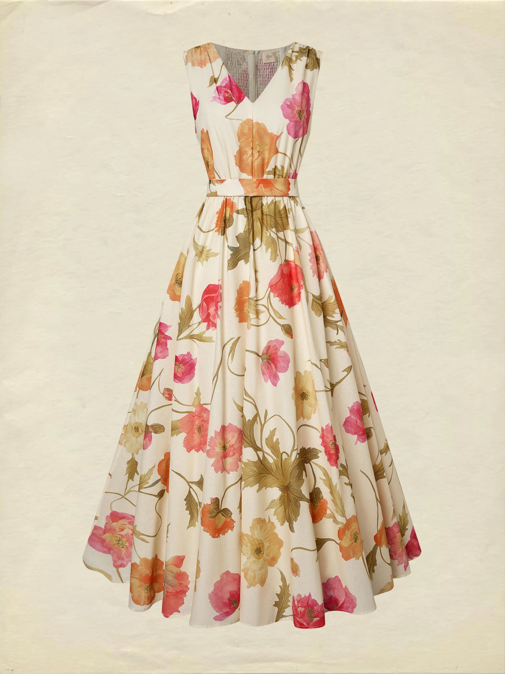 Maxi Cotton Dress, Sleeveless, V Neck, Floral, Belt Design, Vacation, Vintage, Apricot