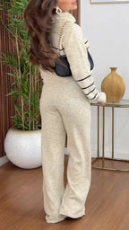 Heather Oat Stripe Knit Cowl Neck Flare Pant Loungewear Set