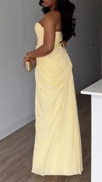 Strapless Ruched High Slit Maxi Dress