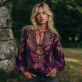 Woman's Mysterious Moon Golden Print Tie-dyed V-neck Linen Top