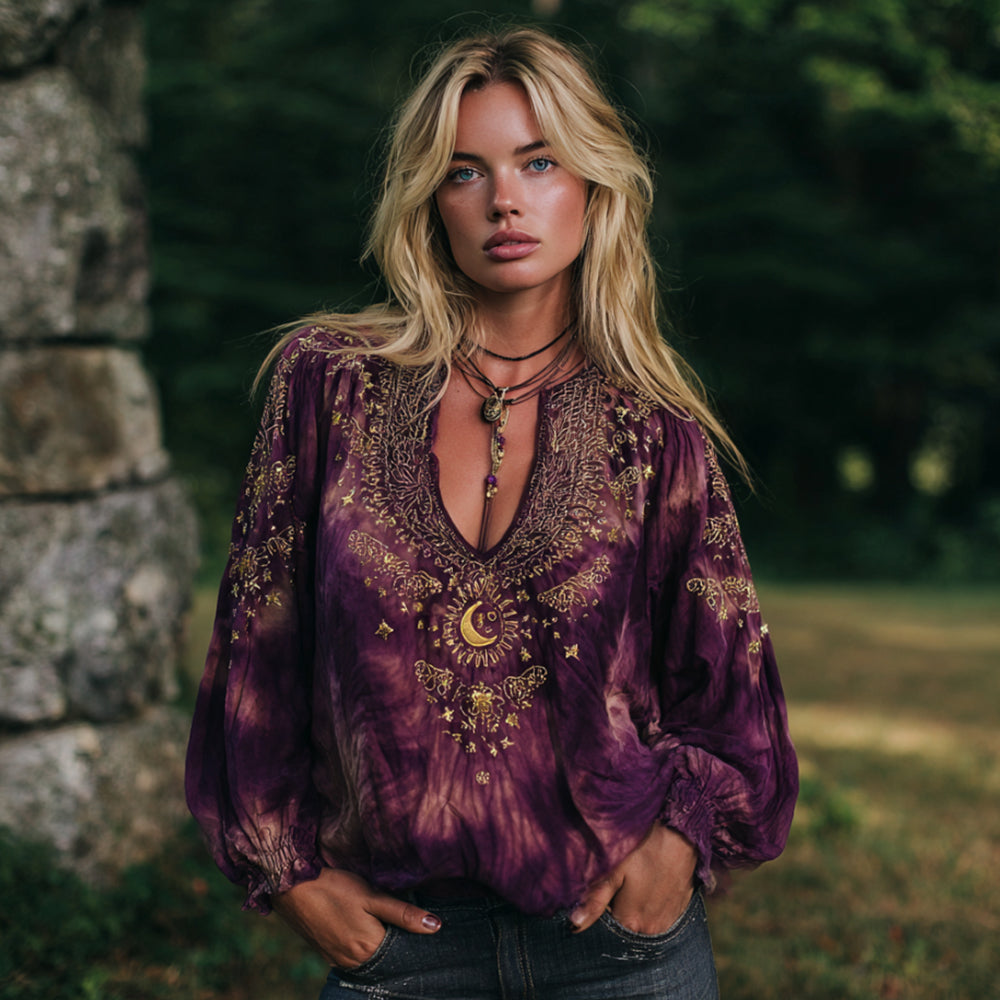 Woman's Mysterious Moon Golden Print Tie-dyed V-neck Linen Top