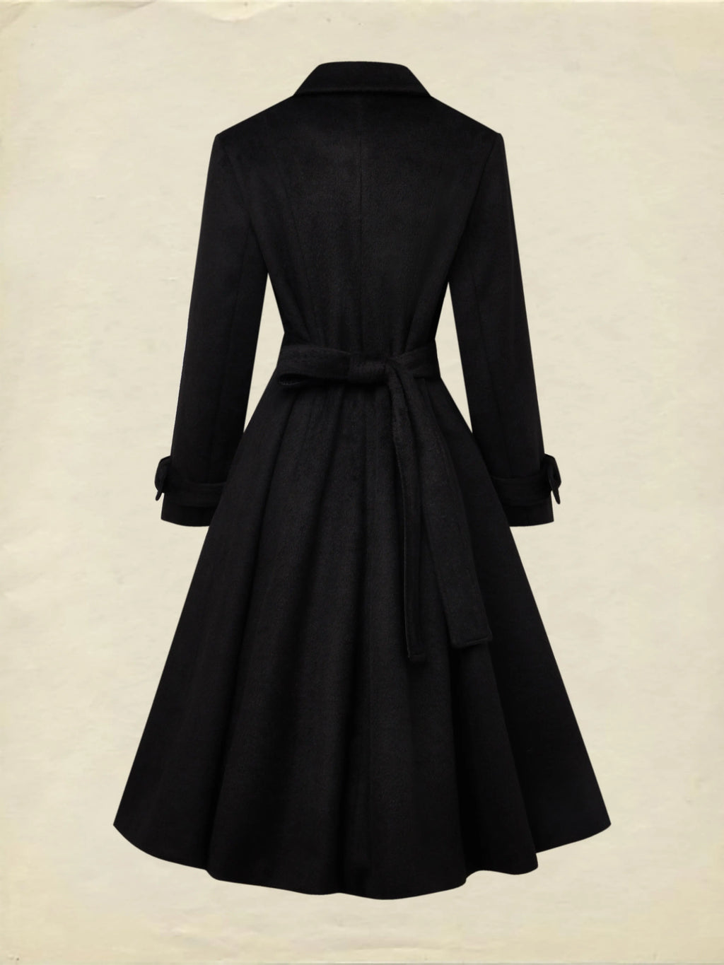 Wool Trench Coat, Long Sleeves, Lapel Collar, Plain, Button Design, Vintage, Black