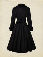 Wool Trench Coat, Long Sleeves, Lapel Collar, Plain, Button Design, Vintage, Black