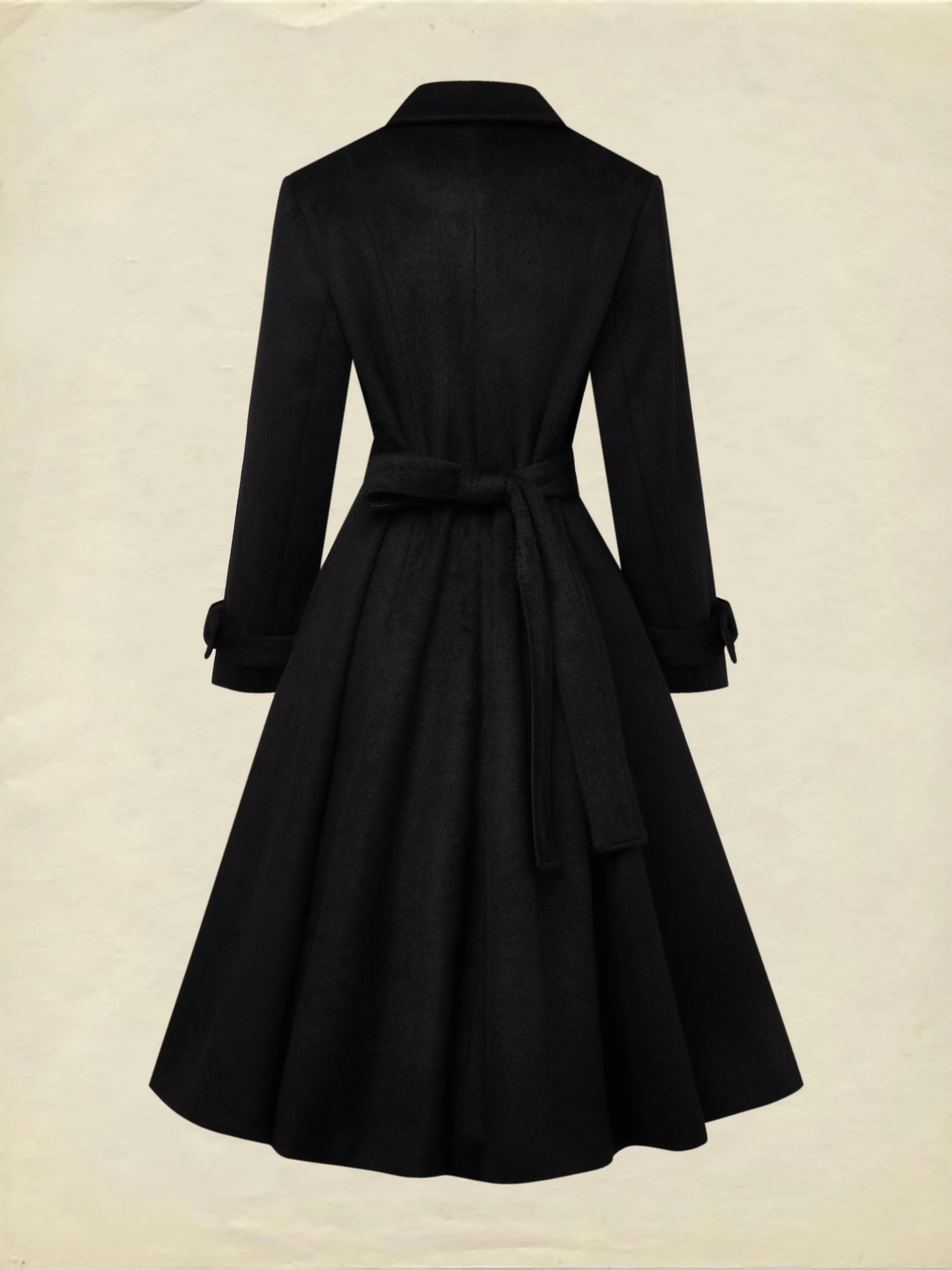 Wool Trench Coat, Long Sleeves, Lapel Collar, Plain, Button Design, Vintage, Black