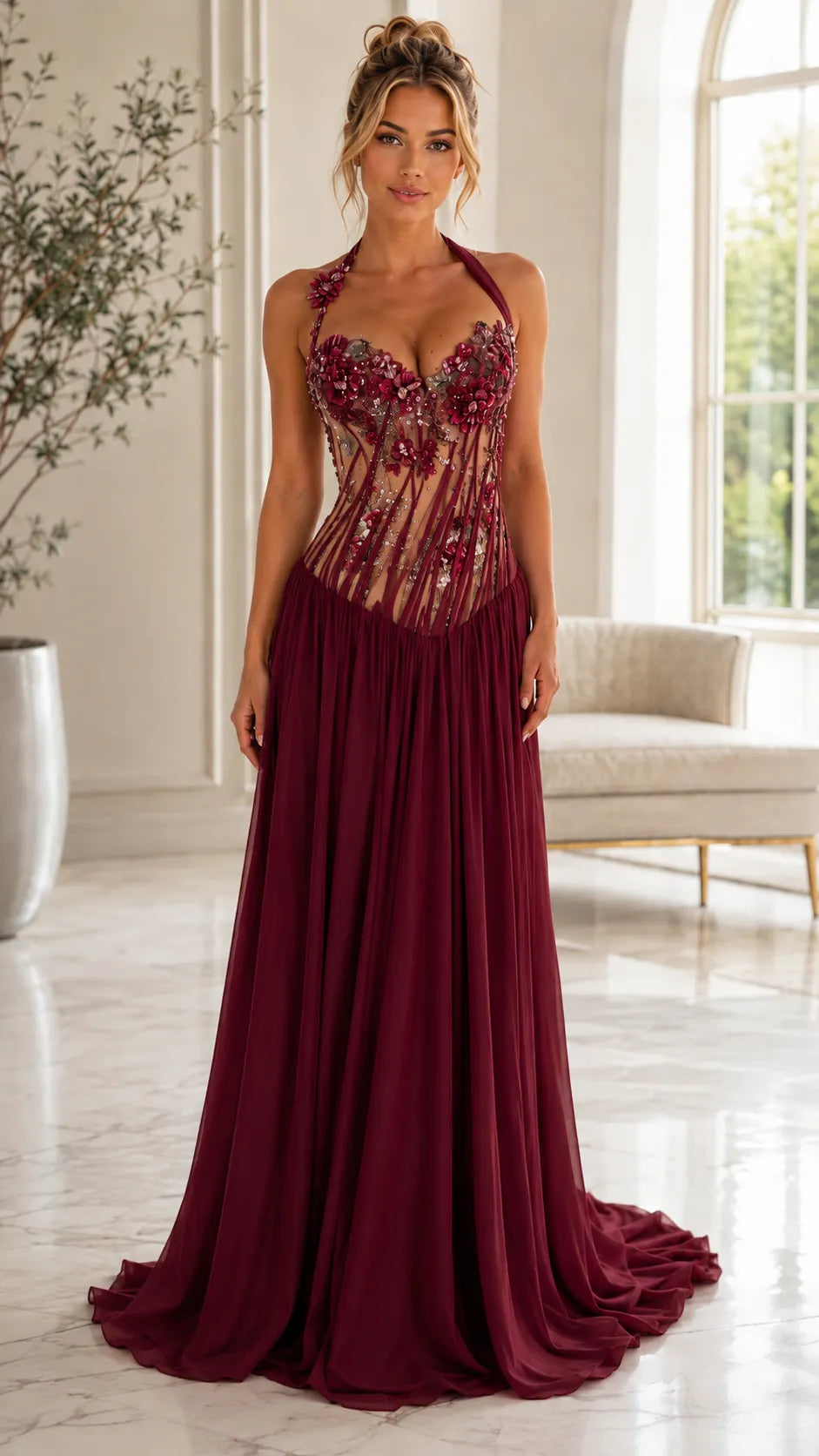 Halter Floral Illusion Corset Chiffon Gown