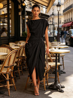 Asymmetric Twist-Waist Draped Midi Dress