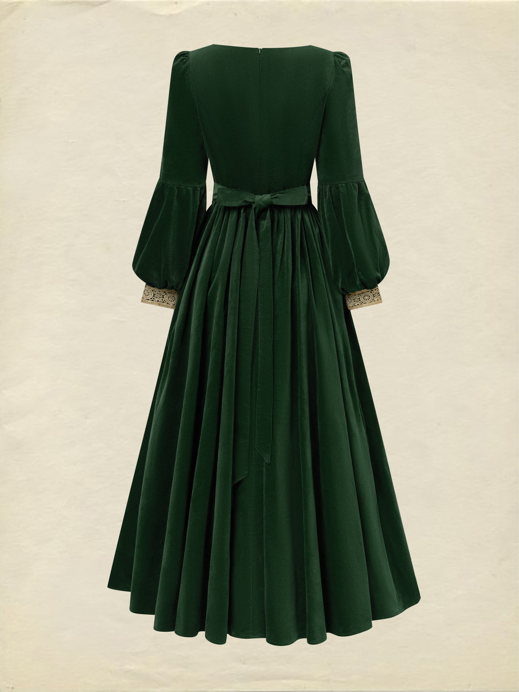 Maxi Cotton Dress, Long Sleeves, Square Neck, Plain, Lace, Vintage, Green