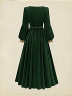 Maxi Cotton Dress, Long Sleeves, Square Neck, Plain, Lace, Vintage, Green