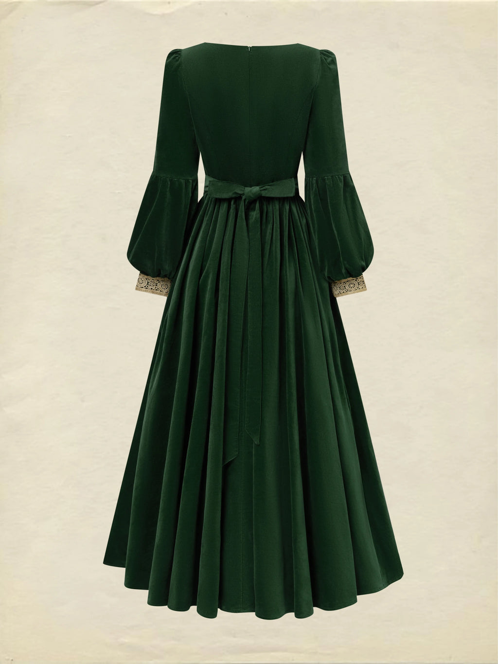 Maxi Cotton Dress, Long Sleeves, Square Neck, Plain, Lace, Vintage, Green