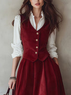 Cotton Vest (Shirt and Skirt Not Included), Sleeveless, V Neck, Plain, Button Design, Vintage, Wine Red