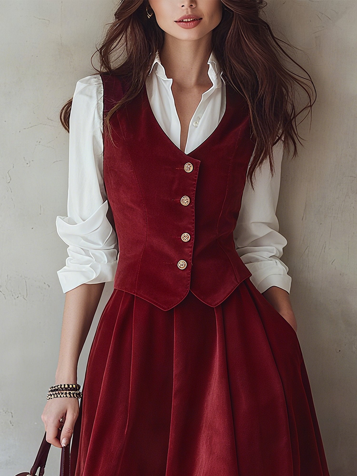 Cotton Vest (Shirt and Skirt Not Included), Sleeveless, V Neck, Plain, Button Design, Vintage, Wine Red
