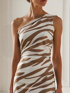 Khaki Slit Classic One Shoulder Sleeveless Sheath Midi Dress