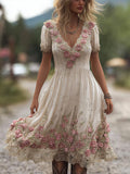 Ladies' Pink Flower Vintage White Linen Vintage V-neck Short-sleeved Long Dress