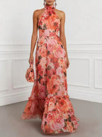 Orange Red Floral Bow Chiffon Halter Sleeveless A-Line Maxi Dress