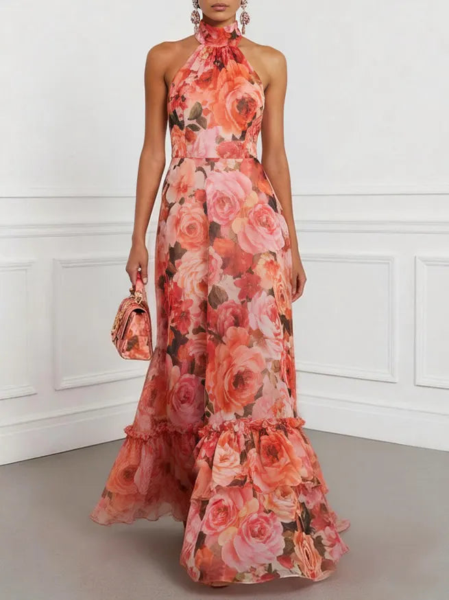 Orange Red Floral Bow Chiffon Halter Sleeveless A-Line Maxi Dress